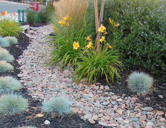 River rock spread as a decorative ground cover