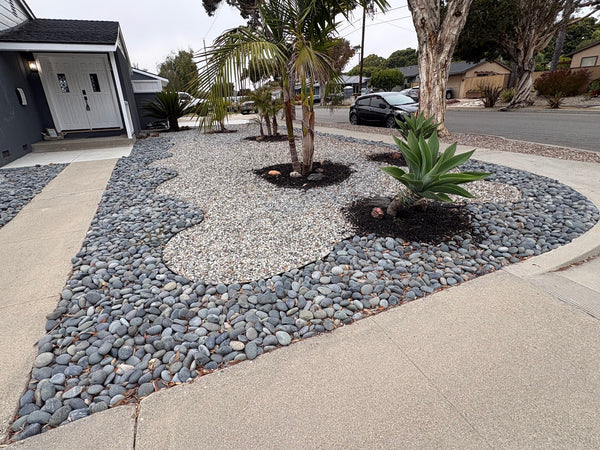 Drought-tolerant front yard with beach pebbles and agave