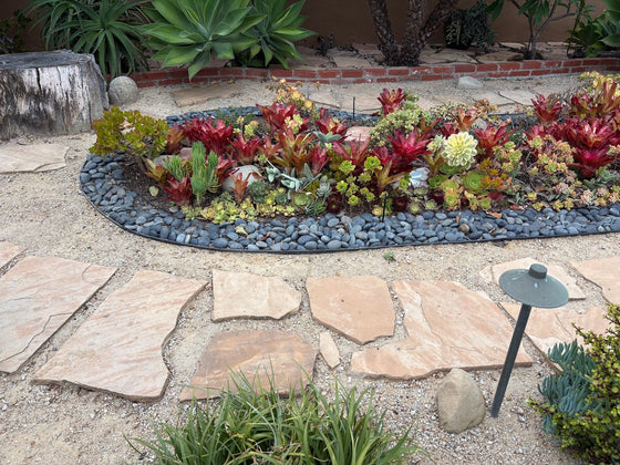 River pebbles and stone around a succulent planting bed