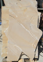 Arizona Buff Flagstone Standup 1" grade, large select flagstone slabs stood on edge and strapped for delivery