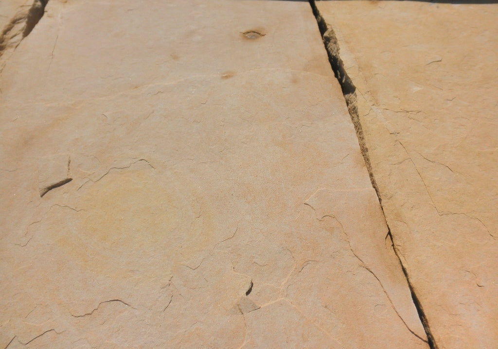 Arizona Gold Buckskin Flagstone Standup 2" grade, large select flagstone slabs stood on edge and strapped for delivery