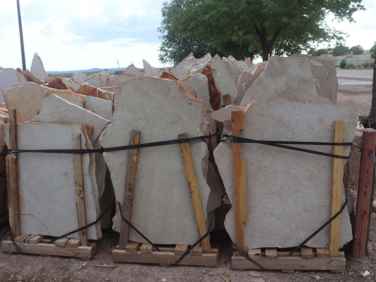 Arizona Classic Oak Flagstone Standup 2" grade, large select flagstone slabs stood on edge and strapped for delivery