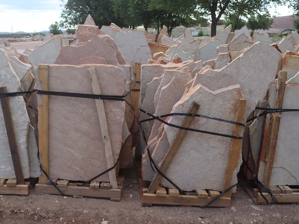 Arizona Classic Oak Flagstone Standup 2" grade, large select flagstone slabs stood on edge and strapped for delivery