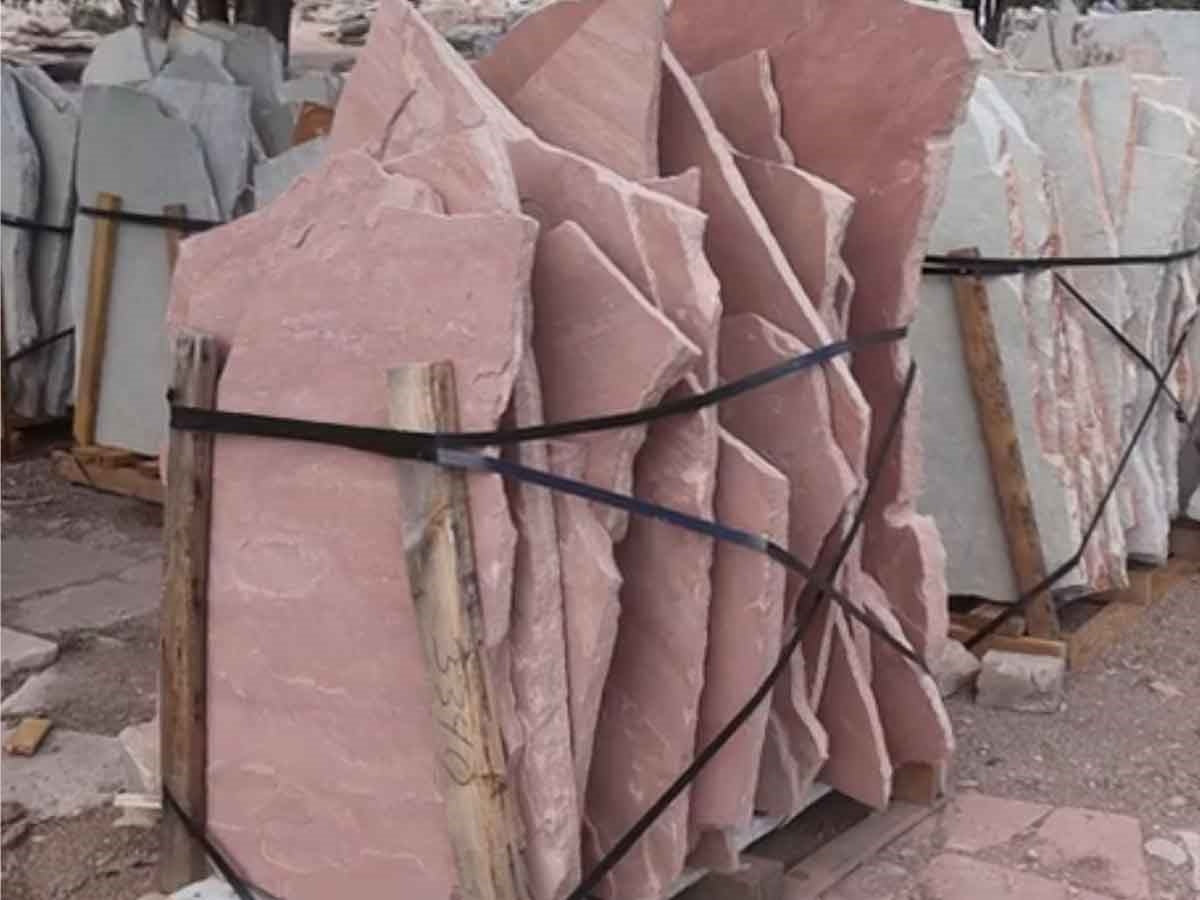 Arizona Rosa Flagstone Standup 1-3/4" grade, large select flagstone slabs stood on edge and strapped for delivery
