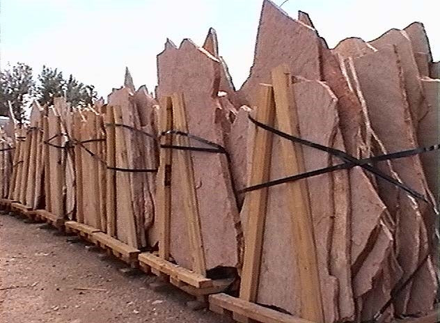 Arizona Rosa Flagstone Standup 1-3/4" grade, large select flagstone slabs stood on edge and strapped for delivery