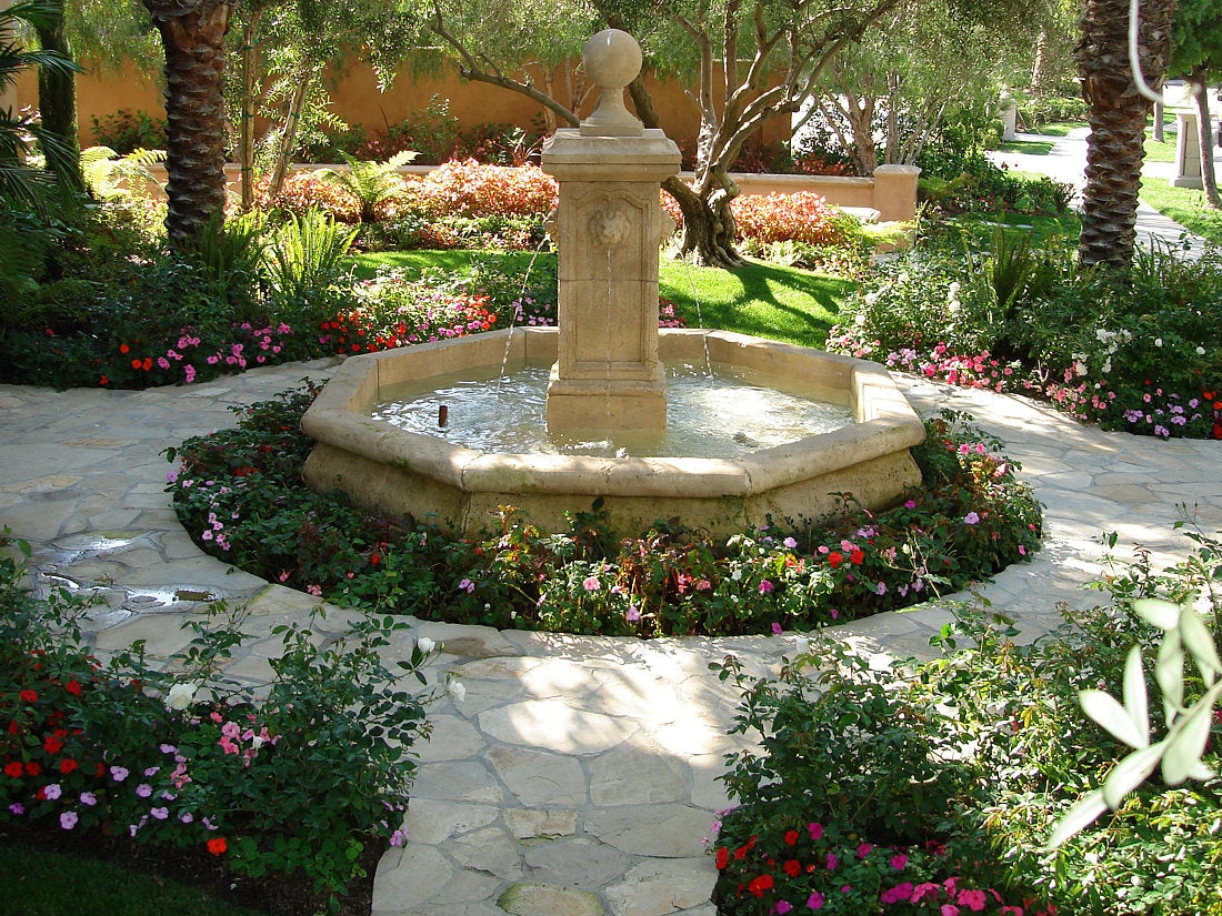 Lompoc Oatmeal Flagstone walkway circling a garden fountain