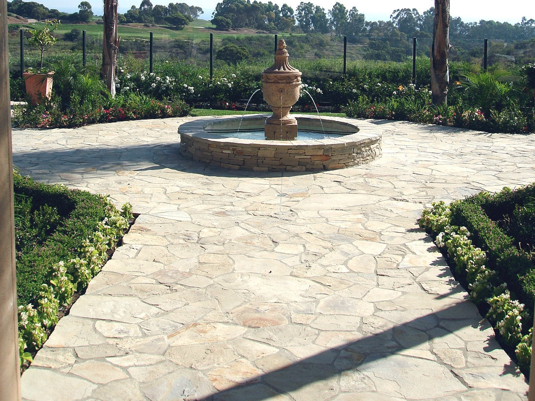 Lompoc Oatmeal Flagstone courtyard patio around a fountain