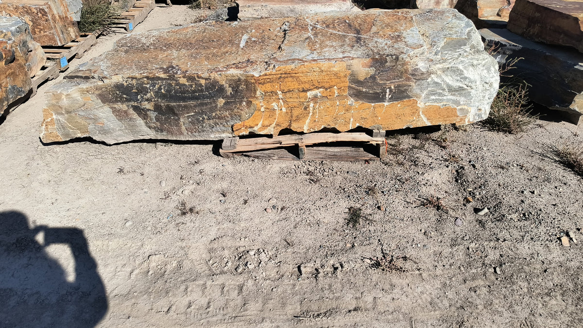 Autumn Creek boulder, a large flat gold and gray slab on a pallet at the stone yard