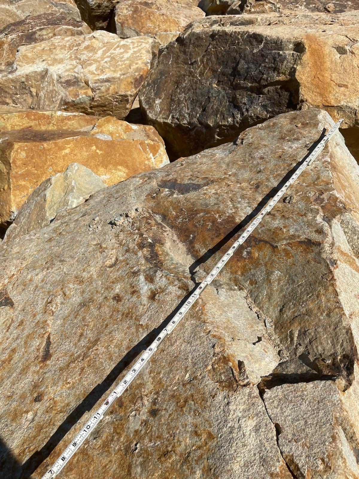 Close-up of Carmel Gold Granite surface, gold and rust over blue-grey granite