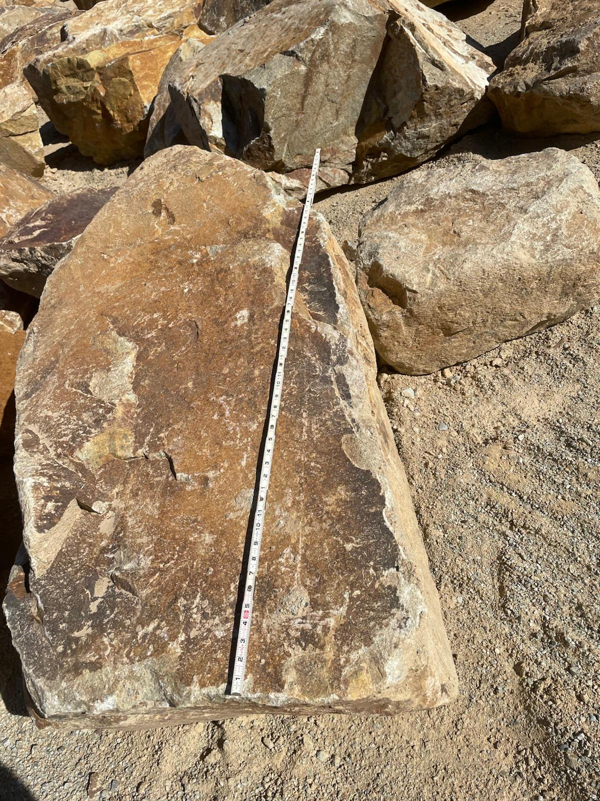 Large Carmel Gold Granite boulder with tape measure, honey gold and rust face
