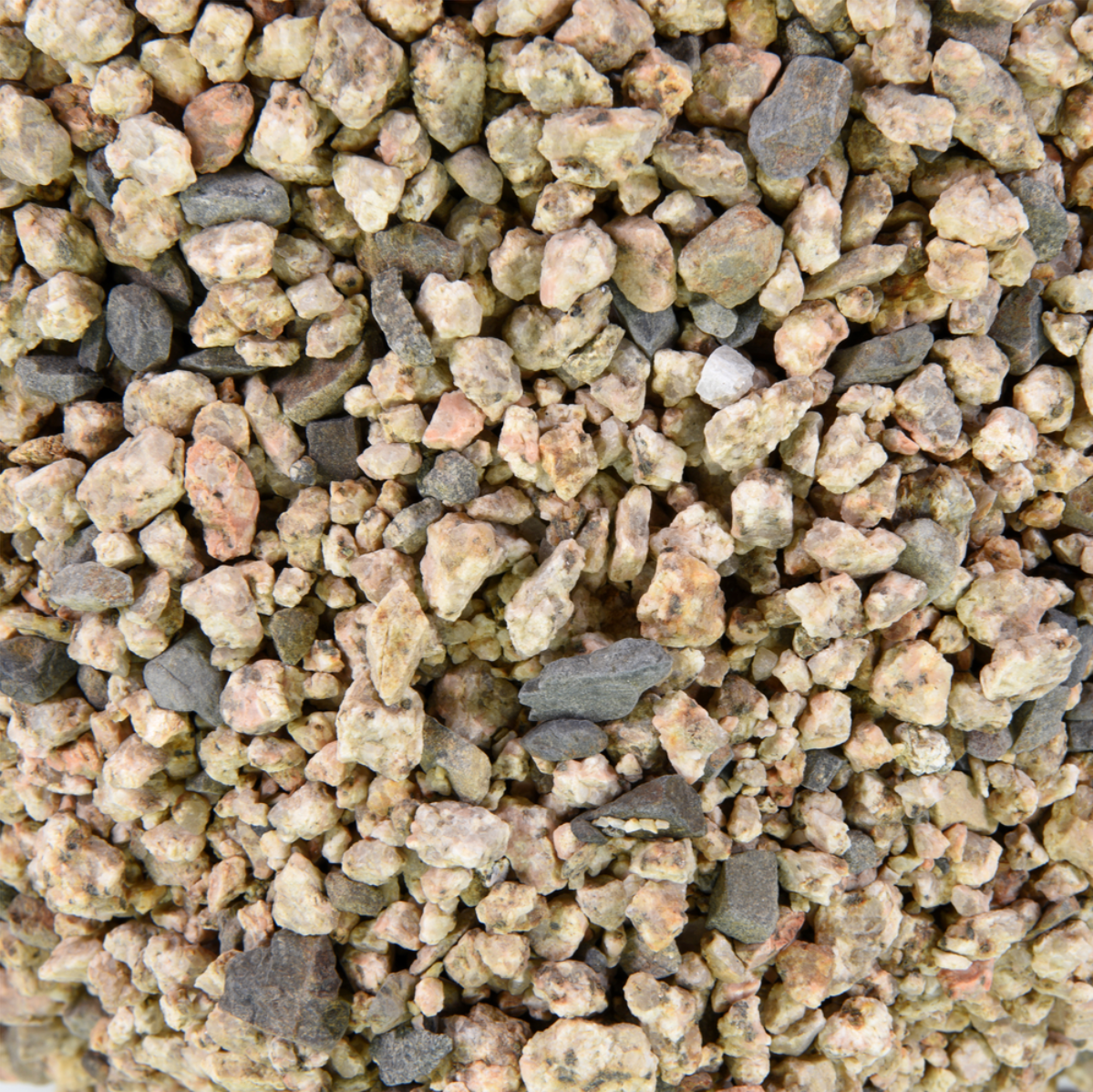 Chamois Beige pea gravel, 3/8 inch granitic gravel in soft beige with slate gray and pink speckling