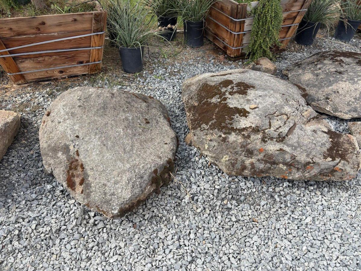 Two granite moss boulders with moss and lichen patches