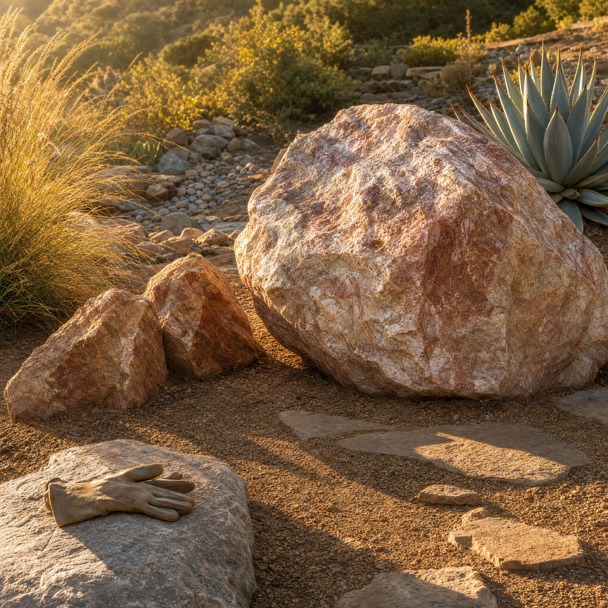 Copper Rose landscape boulder with tan, rust and purple marbling as a garden focal accent in decomposed granite