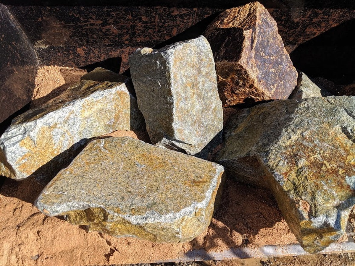 Shasta Blue n Gold Granite landscape boulders, 12 to 18 inch size